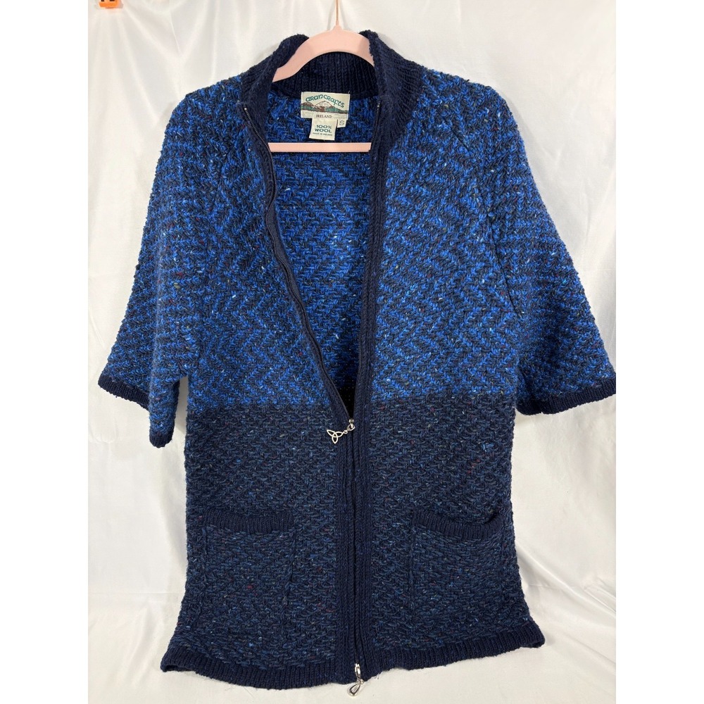 ARAN CRAFTS 100% Wool Ireland Full Zip Short Sleeve Cardigan Sweater Women's S